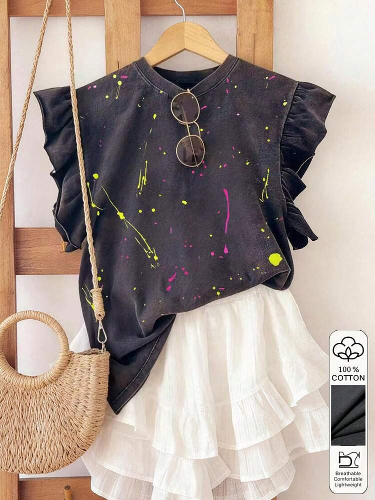 Resyla Printed Craft Fashion Minimalist Ruffle Cuff Round Neck T-Shirt Friend's Gift | SHEIN
