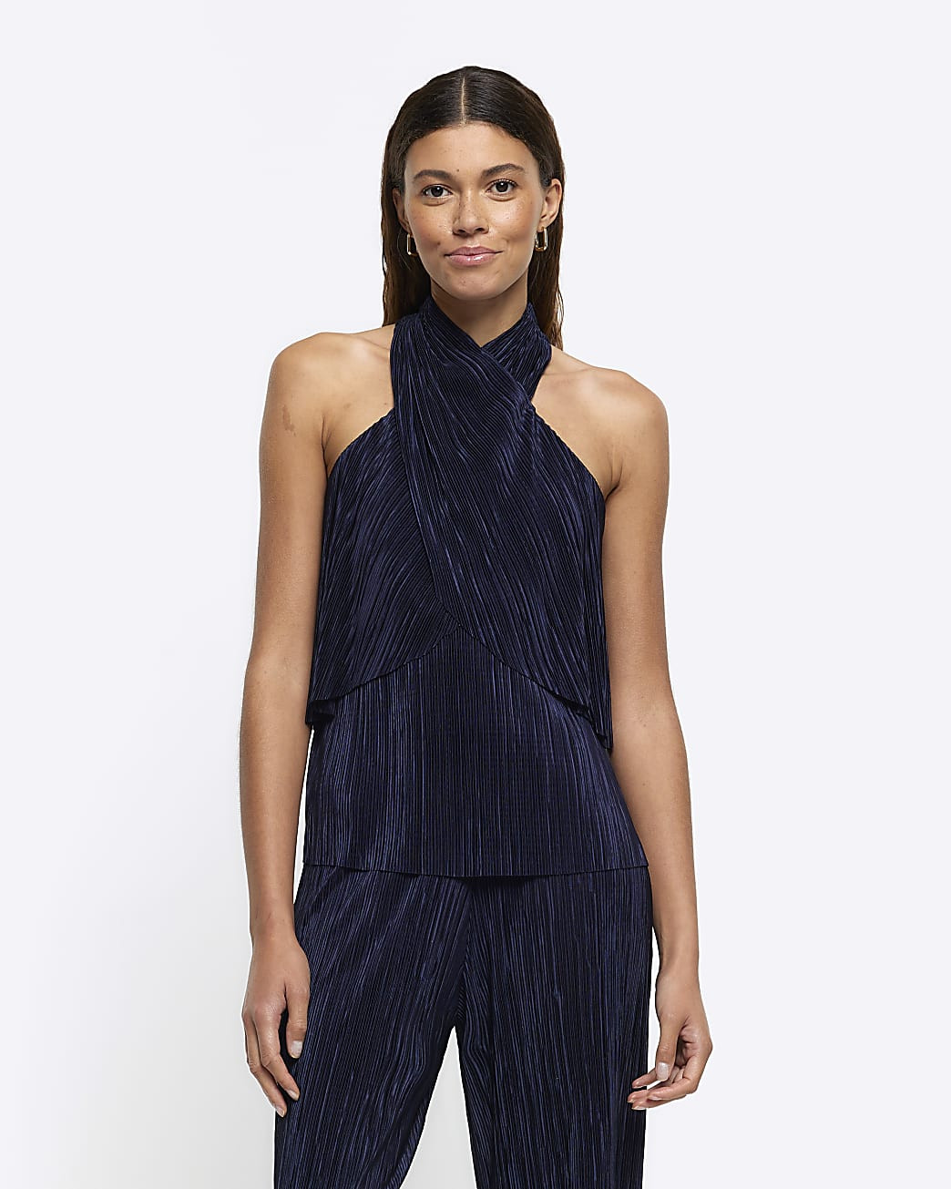 Navy plisse halter neck top | River Island (UK & IE)