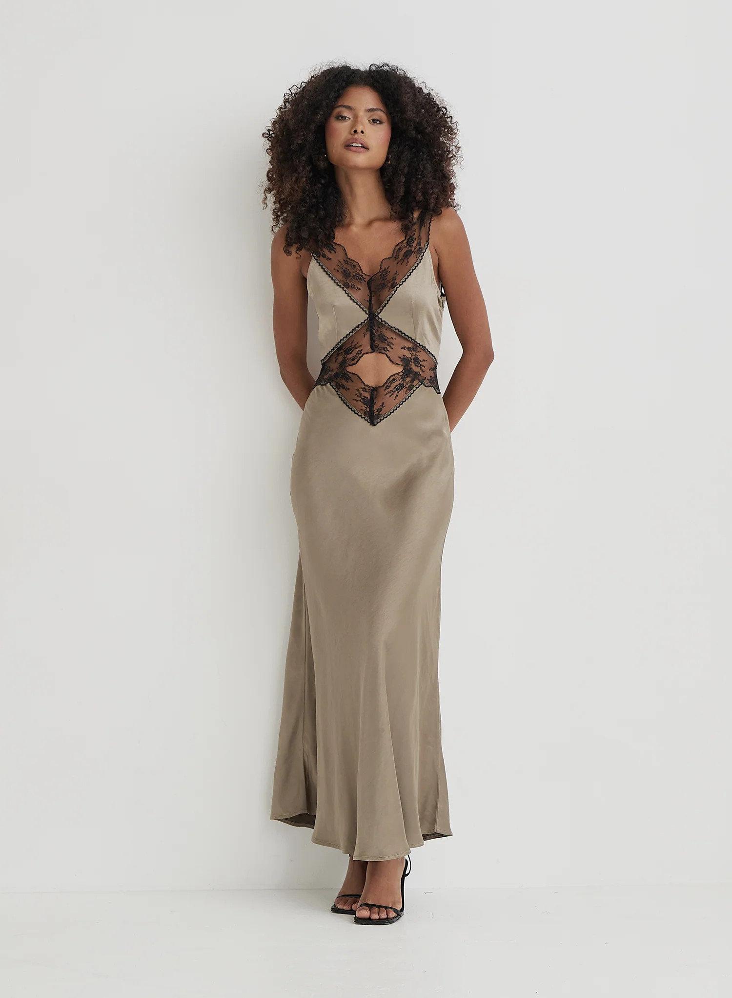Khaki Satin Lace Slip Dress- Kelsey | 4th & Reckless