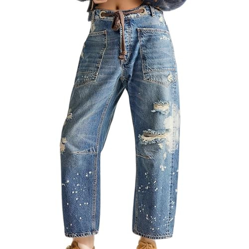Mewunan Women Barrel Baggy Pull-On Jeans Drawstring Ankle Wide Leg Baggy Jeans Elastic Waist Stre... | Amazon (US)