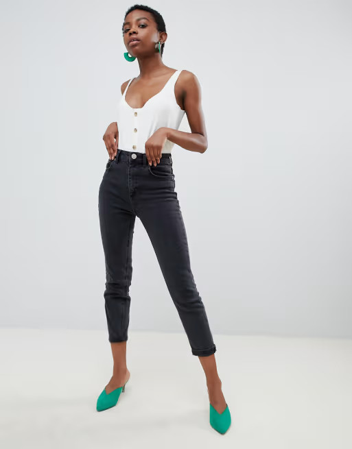 ASOS DESIGN Petite Farleigh high waist slim mom jeans in washed black | ASOS US