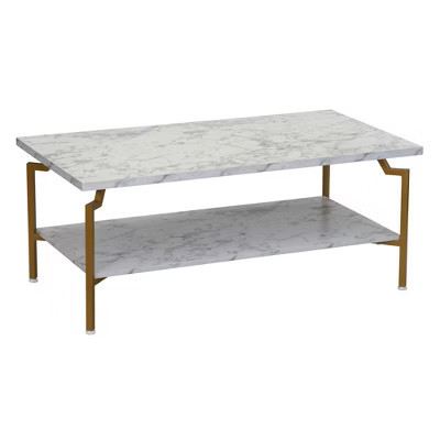 Household Essentials Crown Rectangular Coffee Table with Storage Shelf White Marble and Gold Metal | Target