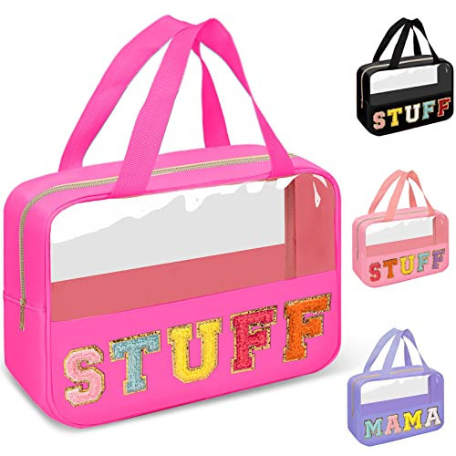 Chenille Letter Clear Makeup Bags Stuff Tote, Preppy Patch Makeup Bag Zipper with Handle, Waterproof PVC & Nylon Portable Glitter Large Cosmetic Travel Toiletry Storage for Women Girls(STUFF-Rose) | Amazon (US)
