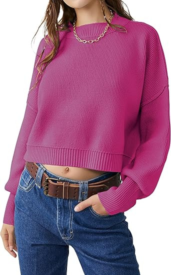 VIUTIL Womens Oversized Cropped Sweater Batwing Long Sleeve Crew Neck Knit Pullover Sweaters Tops... | Amazon (US)
