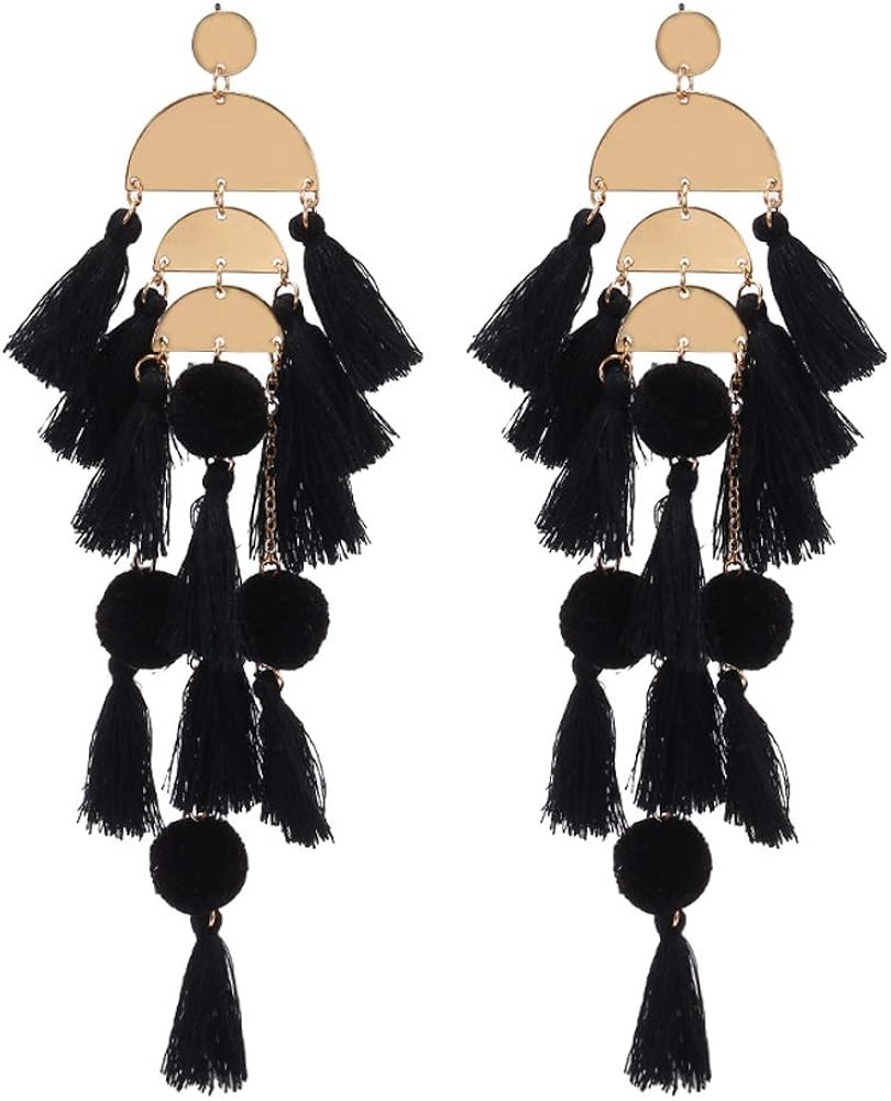 Long Tassel Earrings Statement Fringe Drop Bohemian Earrings Big Dangle for Women Fashion | Amazon (US)