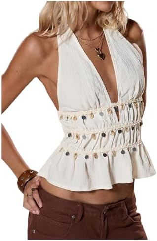 SweatyRocks Women's Deep V Halter Tops Backless Beaded Ruched Ruffle Going Out Tops | Amazon (US)