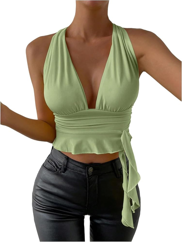 SOLY HUX Women's Sexy Deep V-Neck Halter Crop Top Summer Beach Vacation Clothes Y2K Trendy Tank T... | Amazon (US)