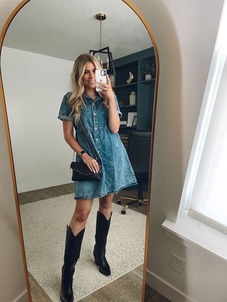 Rodeo outfit | western outfit | country concert outfit 
denim dress: true to size, wearing M and own in multiple colors!
Black cowgirl boots: I sized up half 
Black clutch bag

#LTKFindsUnder100 #LTKShoeCrush #LTKSeasonal