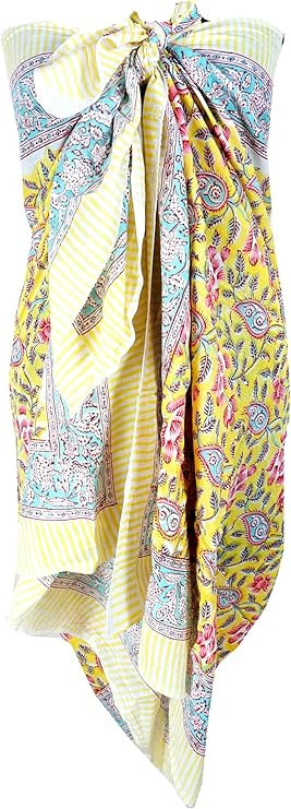 100% Cotton Block Print Sarong - Women's Swimsuit Wrap Cover-Up, Long Beachwear & Resort Apparel | Amazon (US)