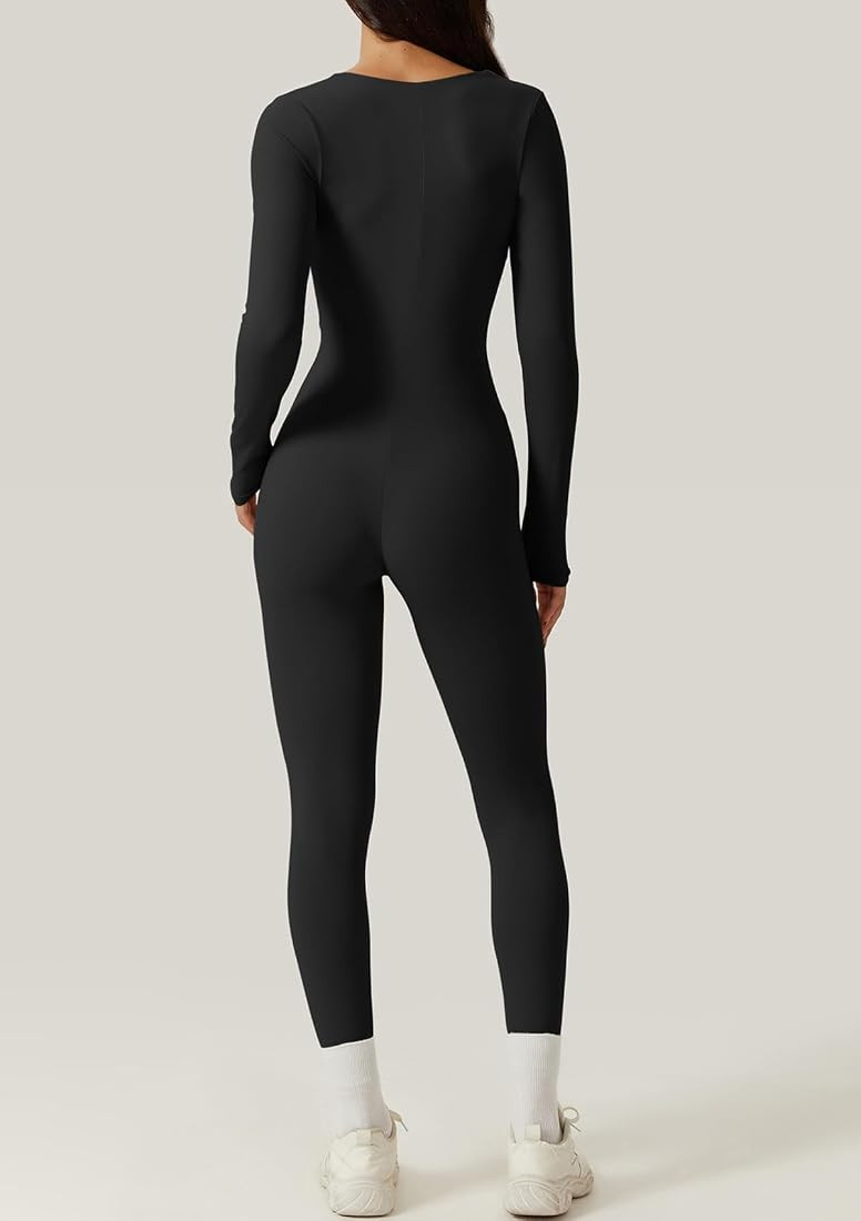 QINSEN Womens Sexy Square Neck Long Sleeve Full Length Leggings Bodycon Stretch Jumpsuit | Amazon (US)