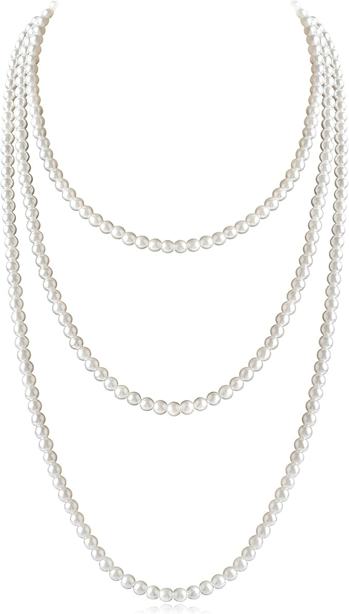 Long Pearl Necklaces for Women Cream White Faux Pearl Strand Layered Necklace Costume Jewelry | Amazon (US)