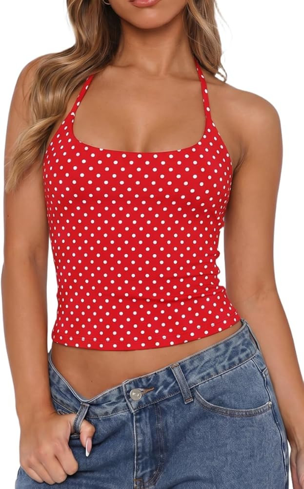 QINSEN Self Tie Halter Neck Basic Shirts for Womens Double Lined Slimming Fit Going Out Sleeveles... | Amazon (US)