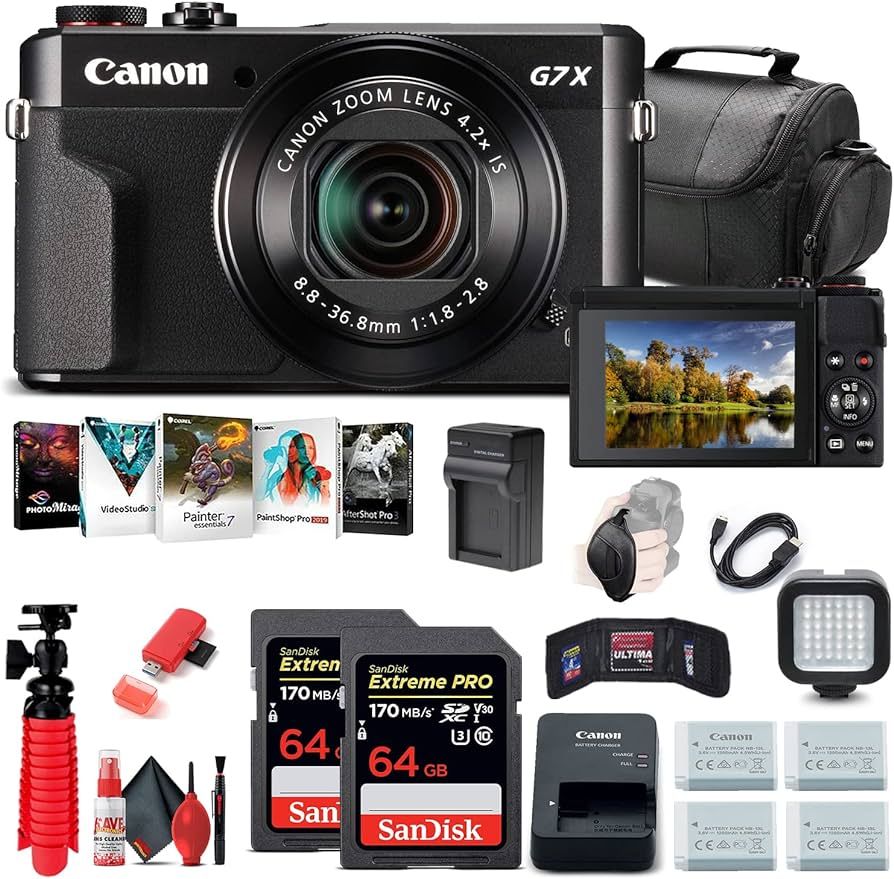 Canon PowerShot G7 X Mark II Digital Camera (1066C001), 2 x 64GB Cards, 3 x Replacement NB13L Bat... | Amazon (US)