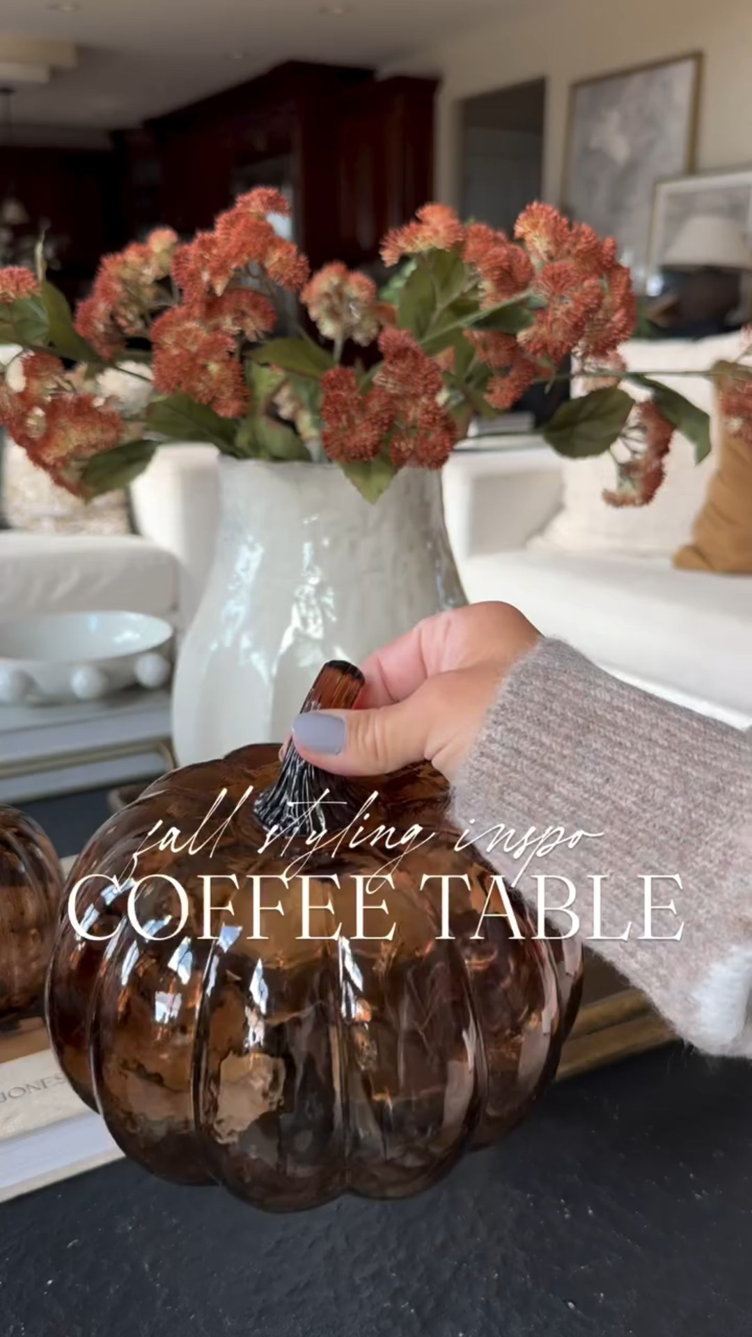 FALL COFFEE TABLE STYLING INSPO 🍂 scroll for details to everything! You can create an elevated high end look with pumpkins too and these glass ones are perfect! Also, these stems are perfect for fall and budget friendly! 

I ordered a new coffee table for our great room here and it’s on sale now! Linked it on my LTK as well!

#LTKSaleAlert #LTKHome #LTKSeasonal