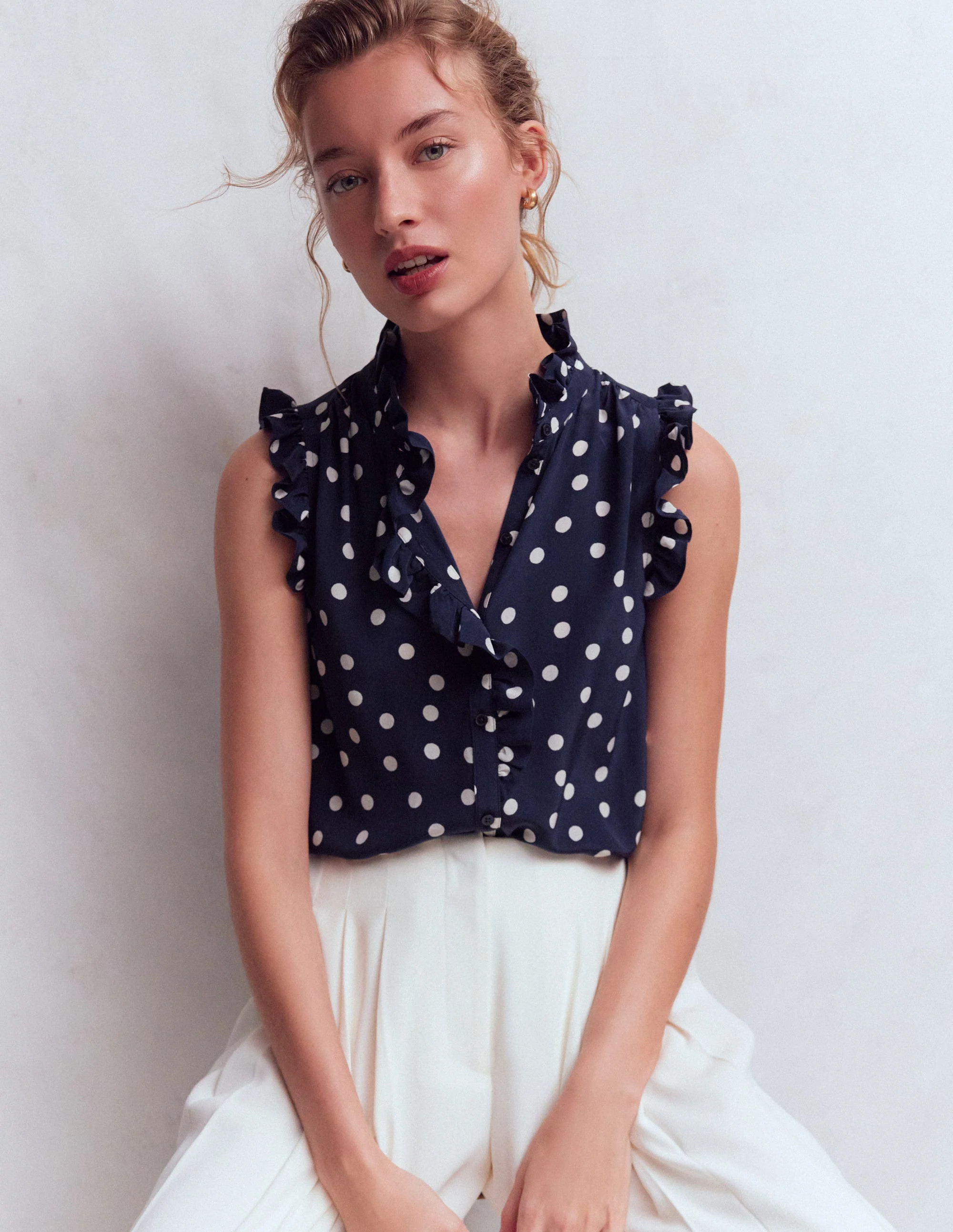 Isabel Sleeveless Silk Top-French Navy, Painted Dot | Boden (US)