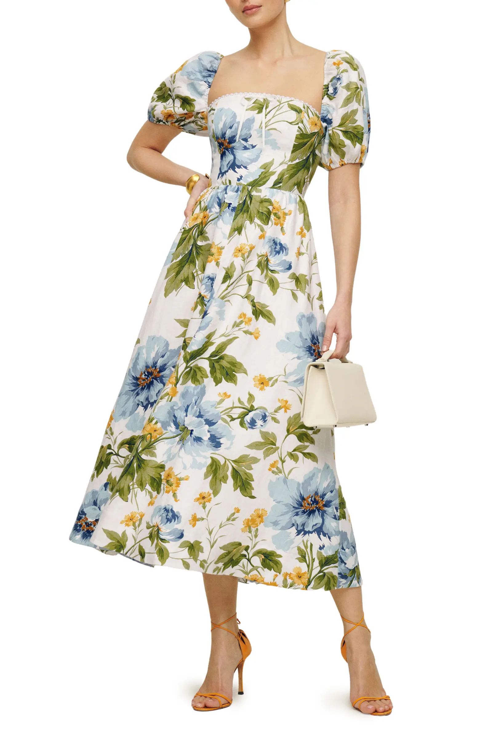 Reformation Marella Floral Midi Linen A-Line Dress | Nordstrom | Nordstrom