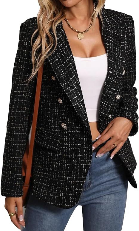 Mina self 2023 New Fall Winter Fashion Tweed Plaid Blazer for Women Double Breasted Open Front Wo... | Amazon (US)