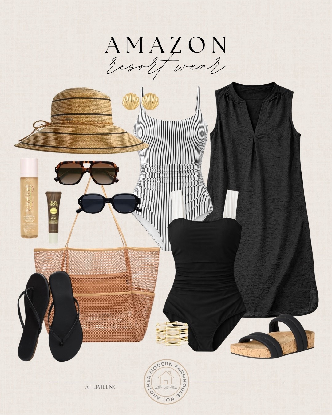 Amazon neutral resortwear essentials. 🖤 Classic swimsuits, easy coverups and chic accessories for effortless vacation style.

Amazon resortwear, black flattering one piece swimsuit, striped swimsuit, lightweight beach coverup, straw tote bag, oversized sun hat, tortoise sunglasses, black slide sandals, cork platform sandals, gold statement earrings, vacation capsule wardrobe, beach outfit essentials, affordable swimwear finds, chic summer travel style, spring break, affordable finds. 

 #LTKootd #LTKSeasonal #LTKTravel