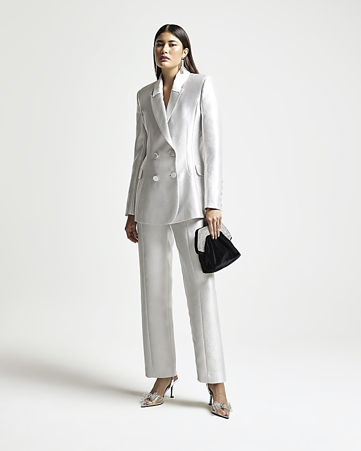Silver RI Studio double breasted blazer | River Island (US)