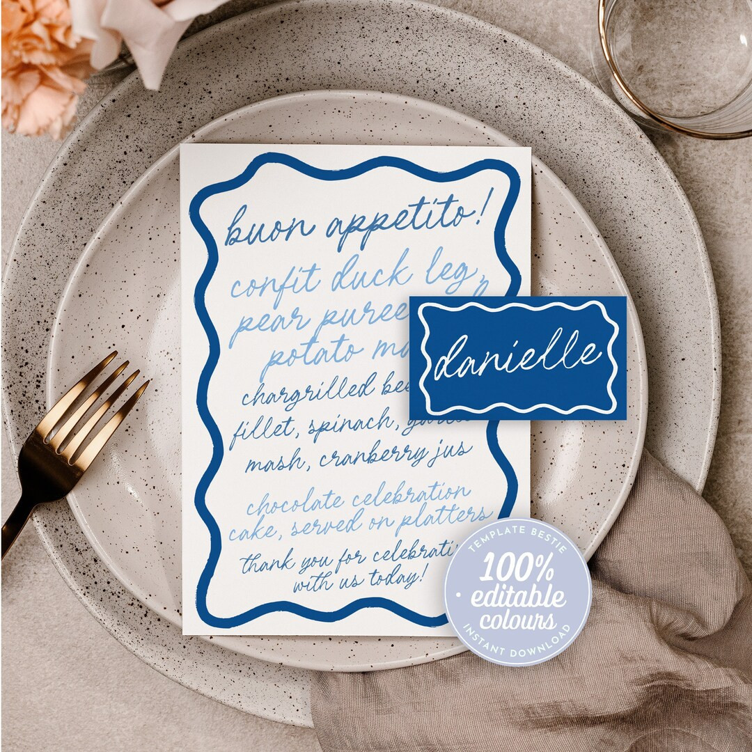 ELENI Blue Wave Wedding Menu Placecard Template, Santorini Italy Instant Download Editable Menu T... | Etsy (US)