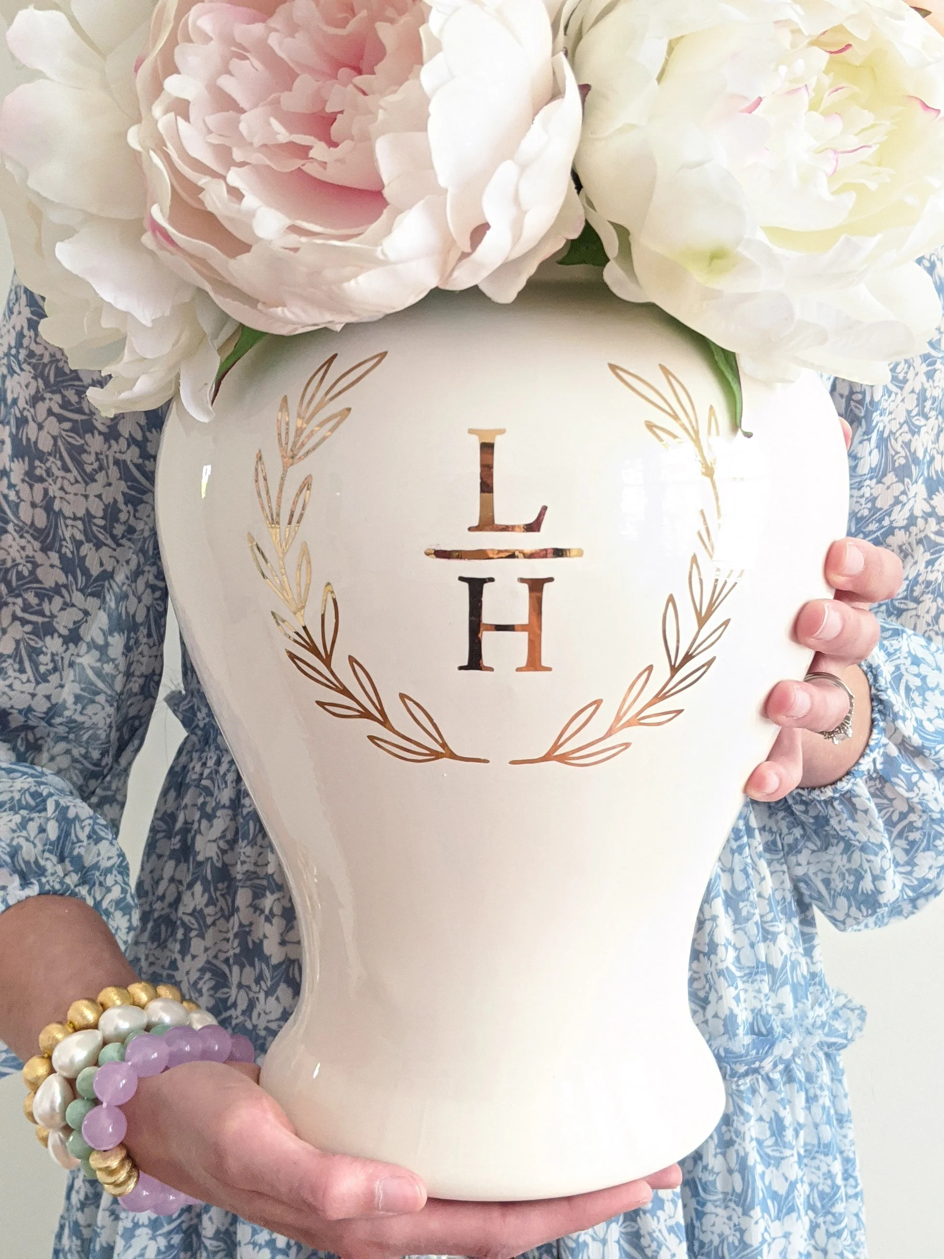 Laurel Wreath Monogram Ginger Jars in White | Ruby Clay Company
