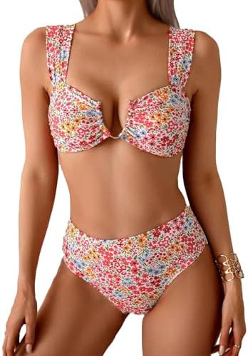 Fanuerg Women's High Waisted Bikini Sets Ditsy Floral Printed Two Piece Swimsuit Adjustable Strap... | Amazon (US)