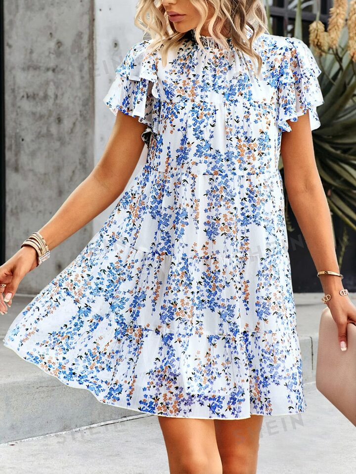SHEIN Frenchy Ditsy Floral Print Mock Neck Butterfly Sleeve Ruffle Hem Smock Dress | SHEIN