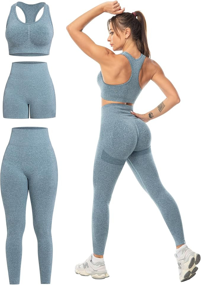 3 Piece Workout Sets for Women Butt Lifting Leggings with High Impact Sports Bra Gym Shorts | Amazon (US)
