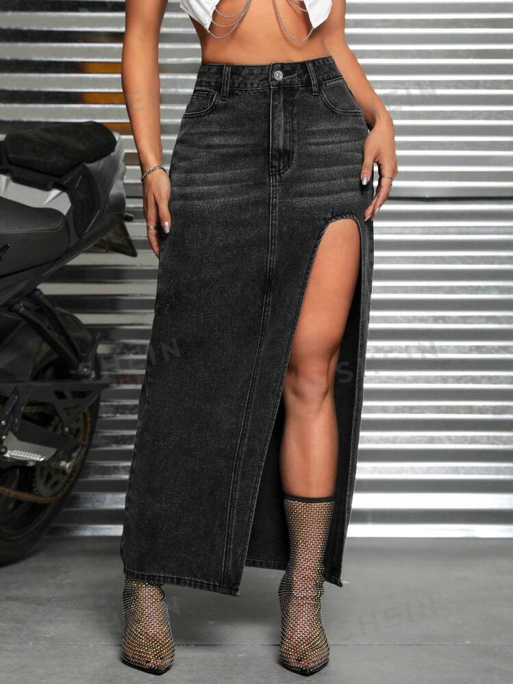 Solid Split Thigh Denim Skirt | SHEIN