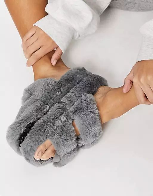 Qupid fluffy buckle slippers in grey | ASOS (Global)