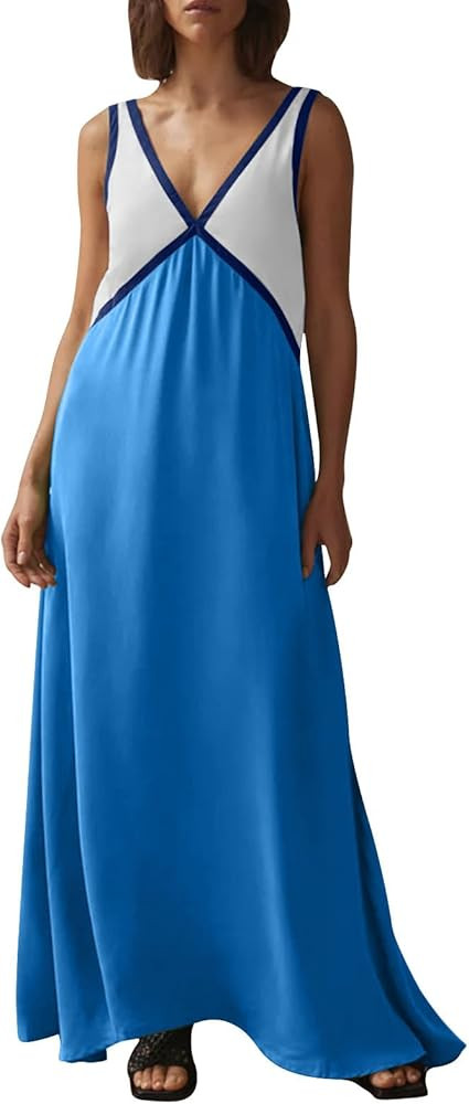 HGps8w Womens Color Block Patchwork Maxi Dress Loose Deep V Neck Sleeveless Elegant Party Cocktai... | Amazon (US)
