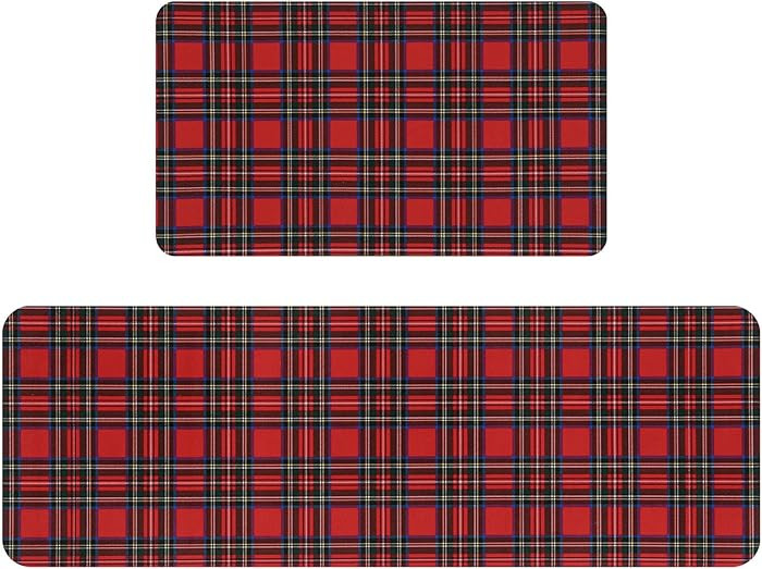 Dunzy 2 Pcs Tartan Christmas Kitchen Mats Tartan Plaid Christmas Decoration Waterproof Non-Slip K... | Amazon (US)