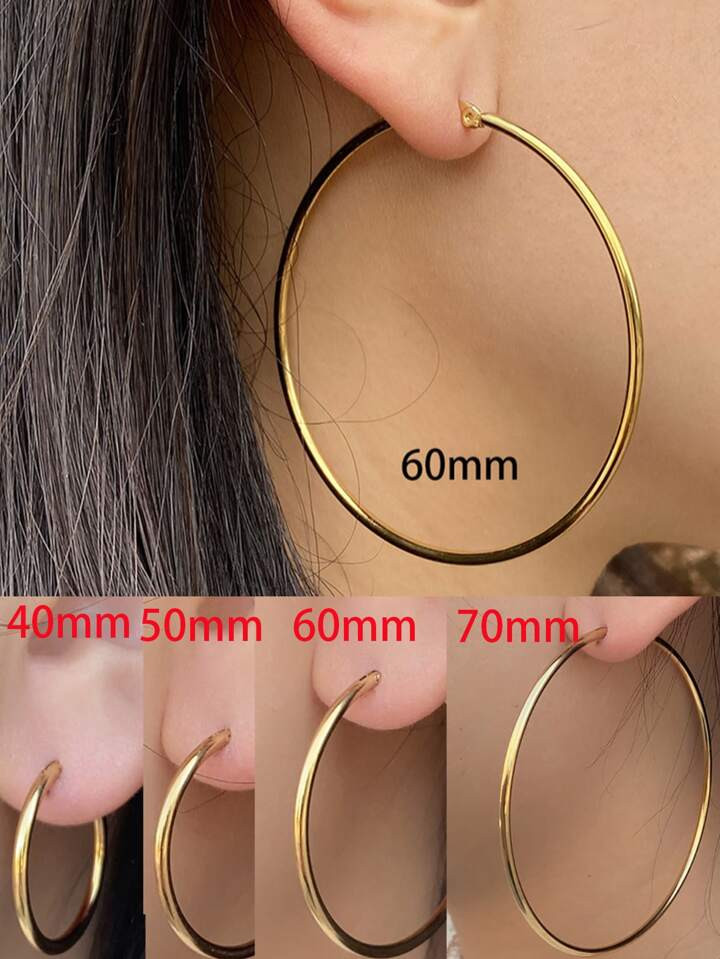 1Pair/2Pcs 10 To 70mm Gold Color Big Round Stainless Steel Earrings Jewelry For Women | SHEIN