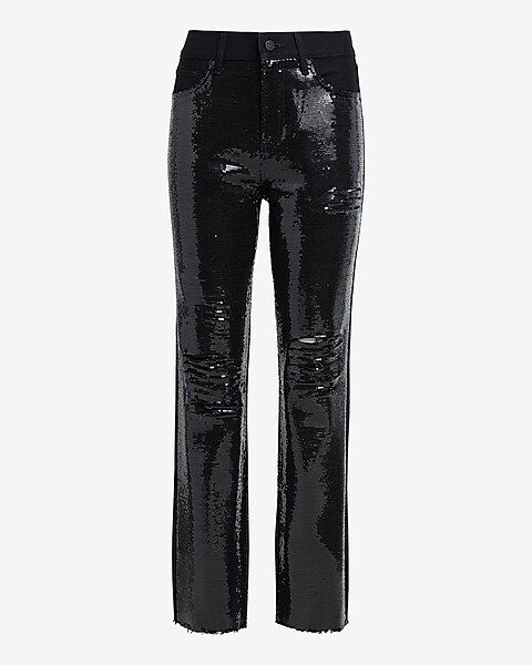 High Waisted Sequin Front Ripped Raw Hem Straight Ankle Jeans | Express