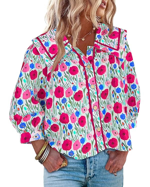 Cicy Bell Womens Floral Print Button Down Shirts Trendy Casual 3/4 Puff Sleeve Blouse Boho Peter ... | Amazon (US)
