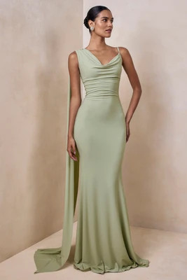 Kenza | Mint Asymmetric-Neck Maxi Dress With Scarf-Detail | Club L London