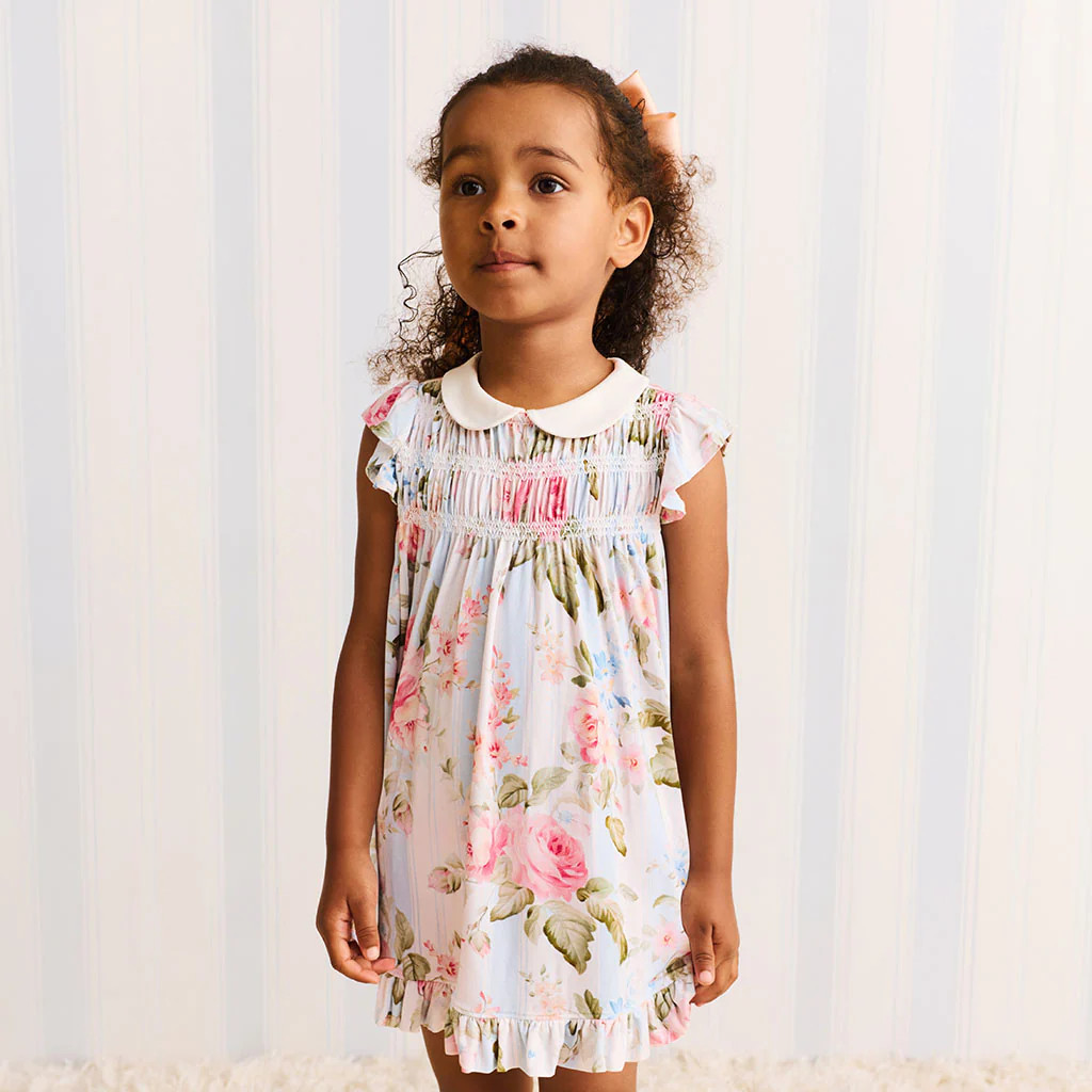 Floral Blue Flowy Leigh Collared Smocked Ruffled Dress | Posh Peanut\u00ae | Posh Peanut