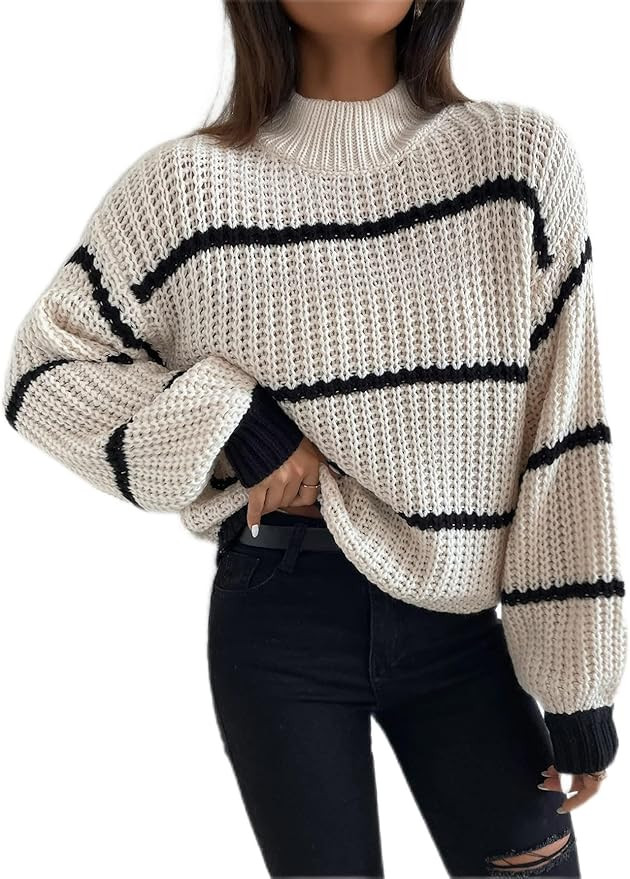 Women's Sweater Striped Mock Neck Drop Shoulder Sweater Sweater for Women | Amazon (US)