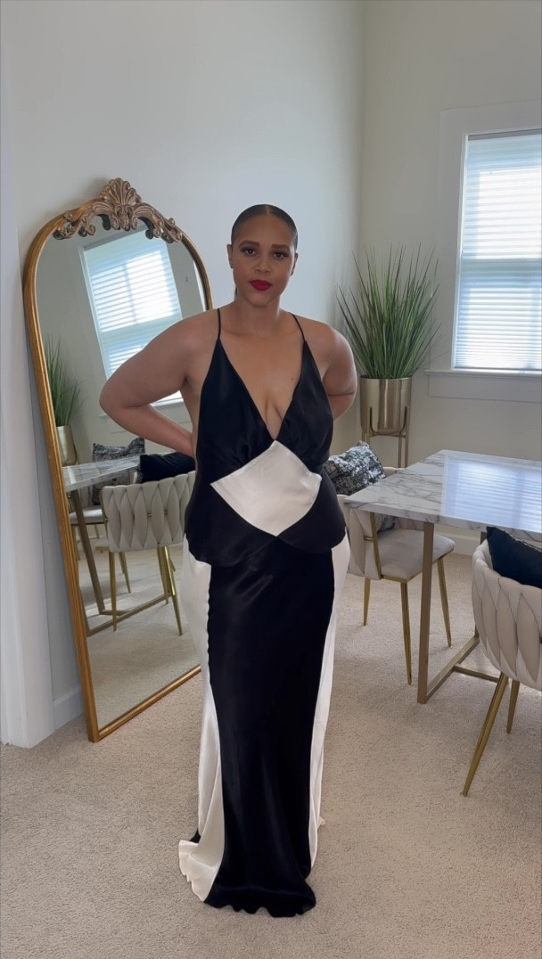 The perfect sexy little black & white satin dress! SO GOOD for weddings vacation. dress it up or down! I’m wearing a size 12  

#LTKMidsize