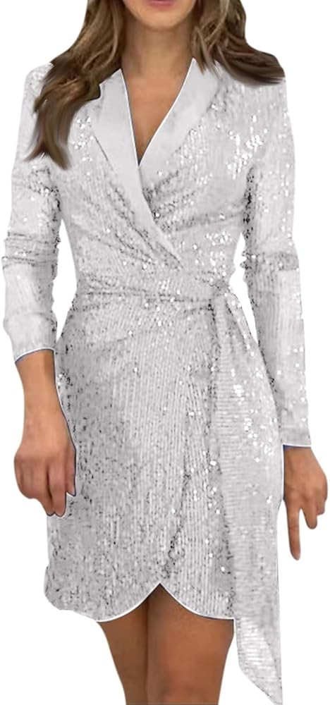 Womens Sequin Sparkly Dresses Fashion Solid Color Long Sleeved Strapping Sequin Waistband Dress | Amazon (US)