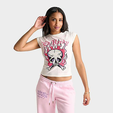Ed Hardy Women's Rhinestone Panther Cap T-Shirt in Ivory Size: XS | Finish Line (US)