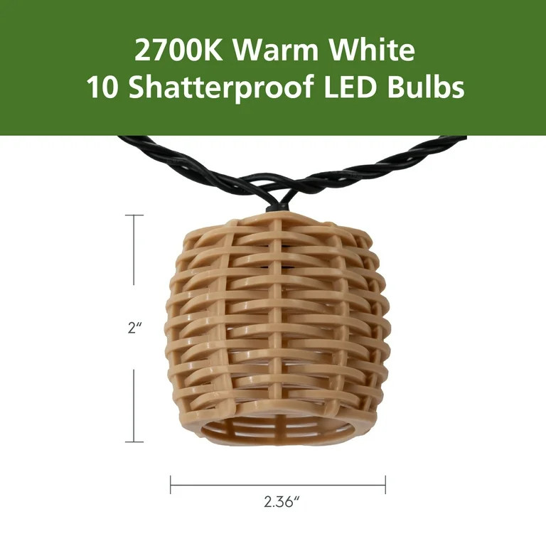 Mainstays 10-Light 7.4-Feet Plug-in Beige Rattan Outdoor String Lights | Walmart (US)