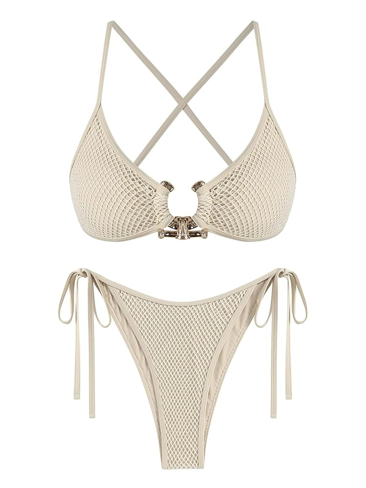 ZAFUL Women's Sexy Cutout Bikini Set High Cut Textured Metal Ring Cheeky Swimsuit Two Piece Bathi... | Amazon (US)