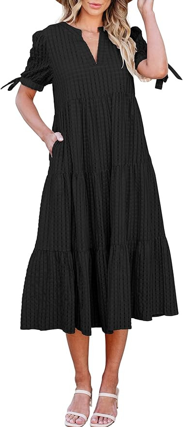 ECOWISH Women Summer Casual Dress - V Neck Short Sleeve Gingham Midi Pleated Tiered Loose Fit Hol... | Amazon (US)