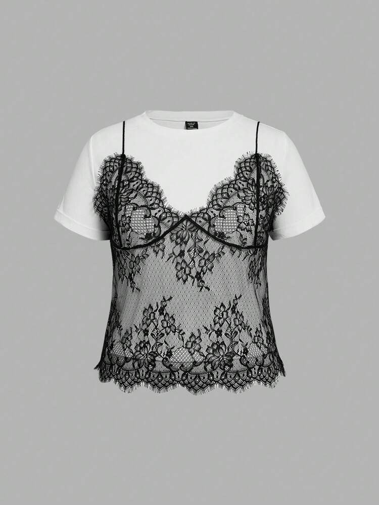 SHEIN MOD Plus Size White 2 In 1 Lace Contrast Round Neck Short T-Shirt, For Summer | SHEIN