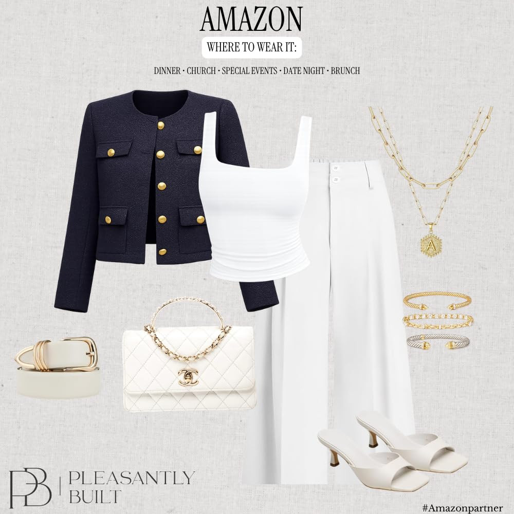 Classic with a fresh pop of blue 💙✨ This chic combination of white trousers and a white tank gets an elevated touch with a blue tweed cropped jacket. Finish with simple accessories for a polished, effortless look that’s perfect for brunch, lunch dates, shopping, or a summer evening out!
#AmazonFashion #AmazonFinds #AmazonFashionFinds #WomensFashion #BlueTweed #TweedJacket #CroppedJacket #WhiteTrousers #WhitePants #WhiteTank #SummerStyle #SummerOutfit #PolishedStyle #CasualChic #ElegantStyle #EffortlessStyle #AmazonStyle #AffordableFashion #FashionFinds #OutfitInspiration #StyleInspo #SummerWardrobe #FashionAccessories #LTKFinds #LTKFashion #ShopAmazon #pleasantlybuilt 

 #LTKootd #LTKWorkwear #LTKTravel