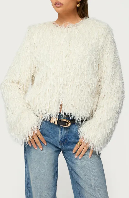 EDIKTED Aleandra Fringe Faux Fur Crop Jacket in Cream at Nordstrom, Size Large | Nordstrom
