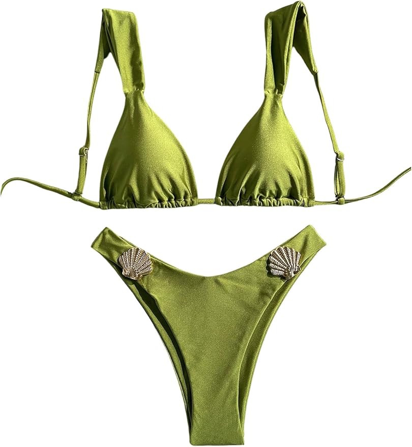 WDIRARA Women's 2 Piece Metal Seashell Bikini Set High Cut Swimsuit Tie Backless Bathing Suit | Amazon (US)