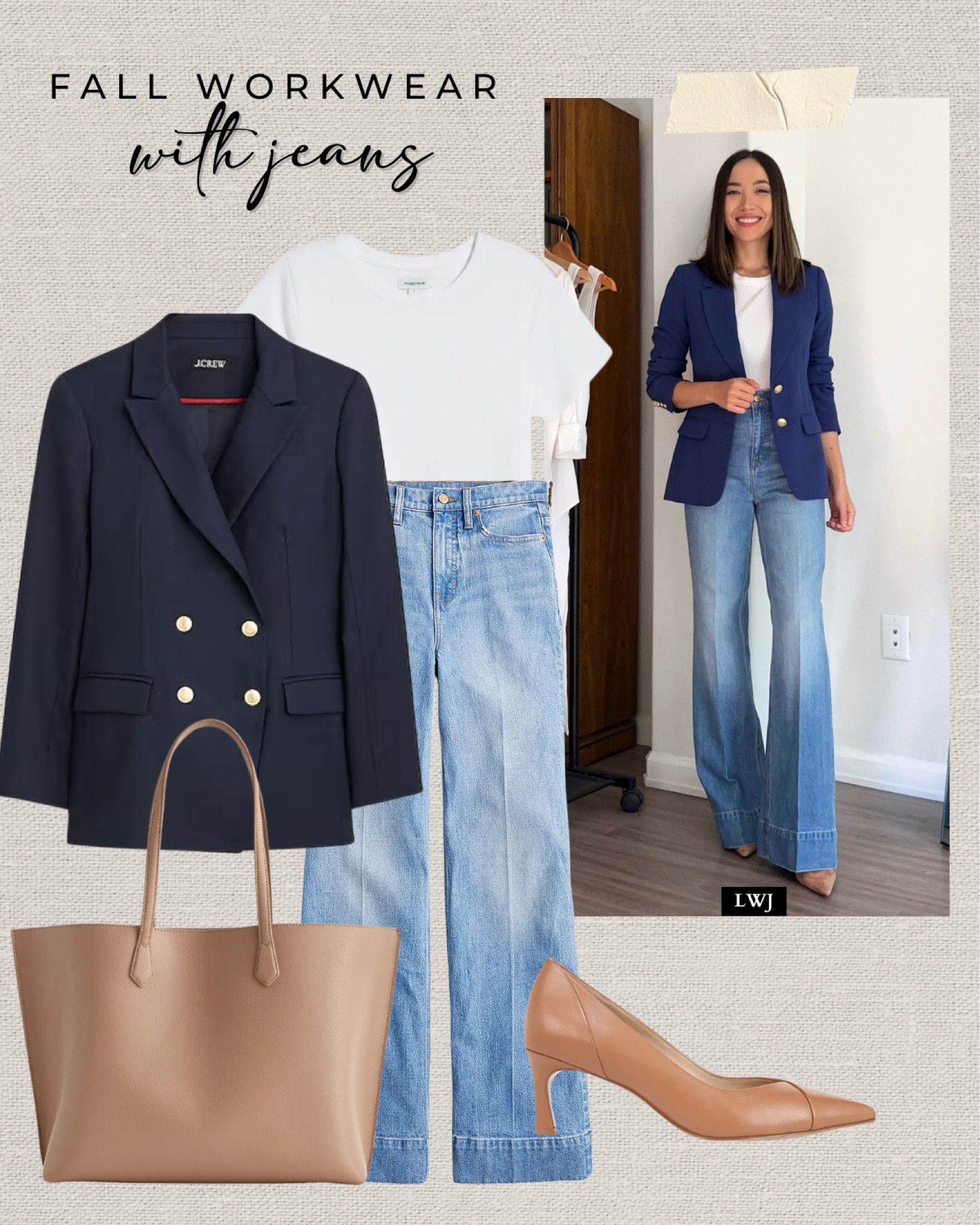 Fall workwear inspo with jeans 

Navy blazer / white tee / wide leg jeans / beige work tote bag / camel heels / office outfit / timeless 

#LTKWorkwear #LTKStyleTip