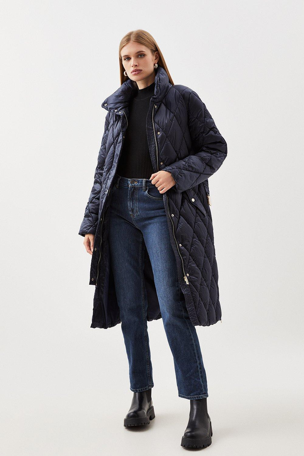 Diamond Quilted Puffer Longline Belted Coat | Karen Millen UK + IE + DE + NL